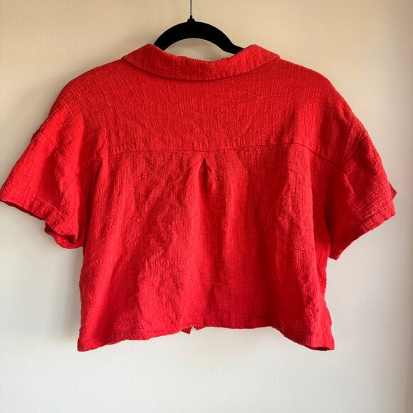 LIFE Evil Eye Embroidered Crop Top Red Collared Button Front Short Sleeve Sz L - Picture 5 of 5